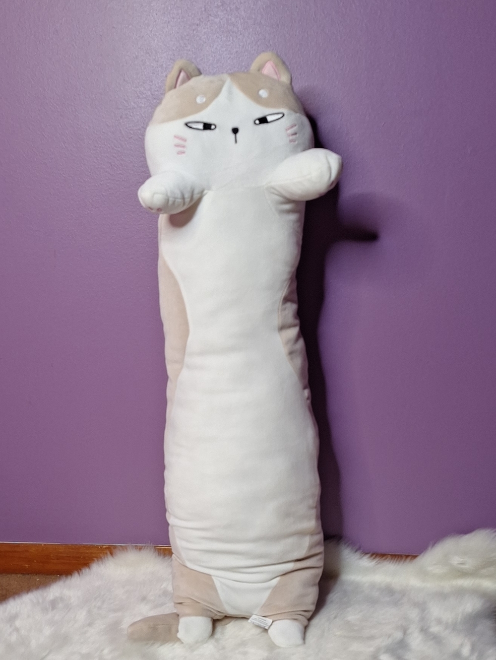 Plush Long Cat Body Pillow - White & Tan